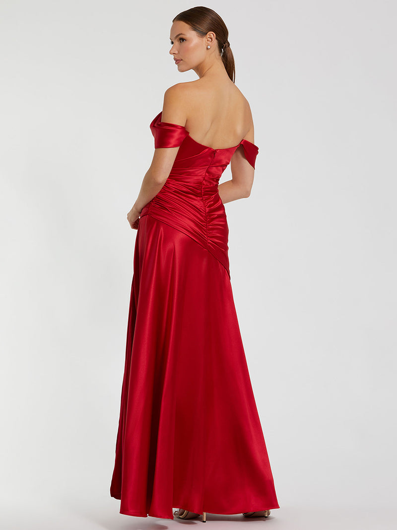 Red Satin Off The Shoulder Crossover Gown