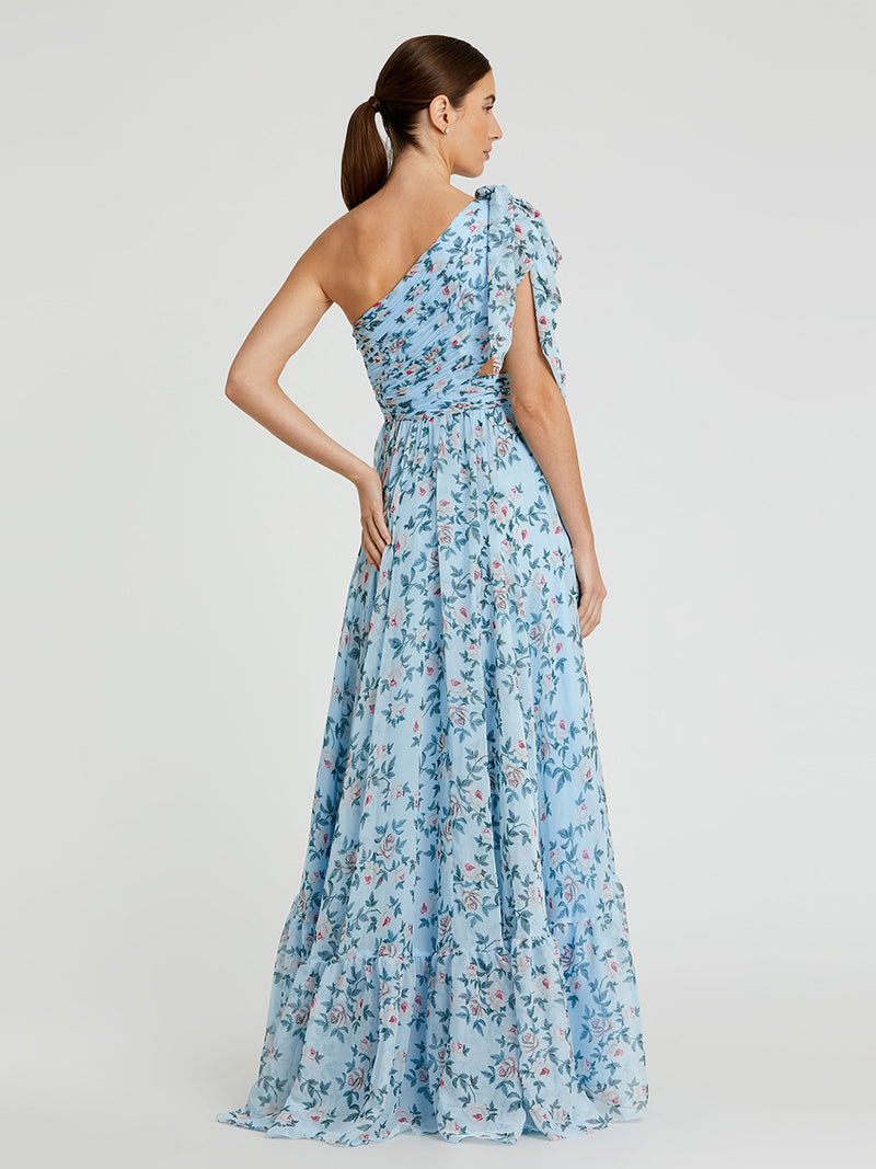Blue Floral Chiffon One Shoulder Gown