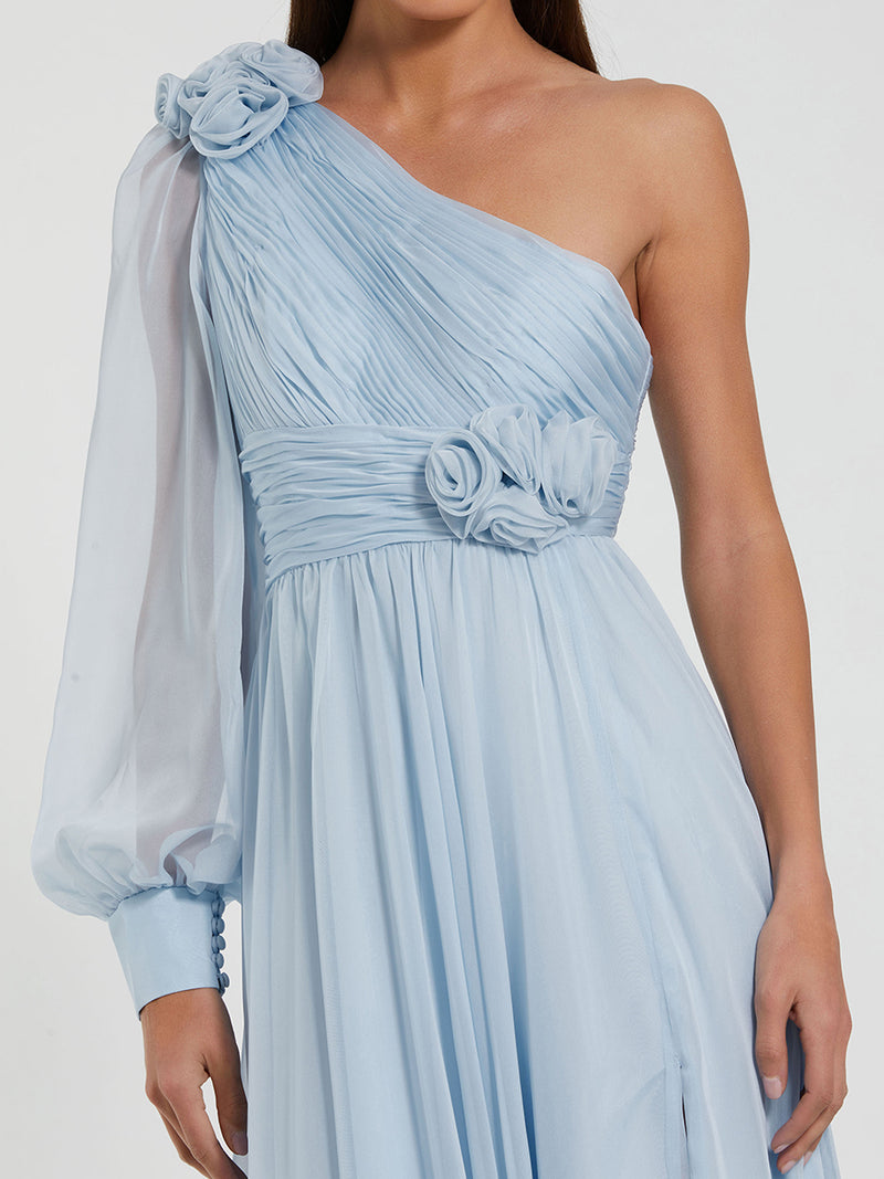 Blue One Sleeve A-Line Chiffon Gown With 3D Flowers