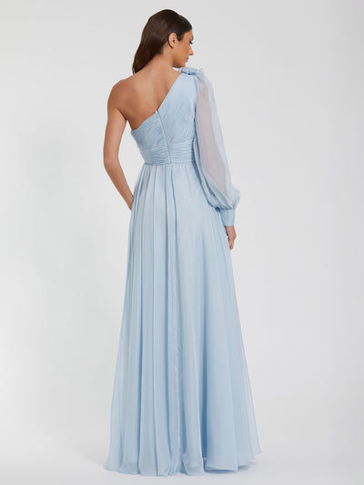 Blue One Sleeve A-Line Chiffon Gown With 3D Flowers