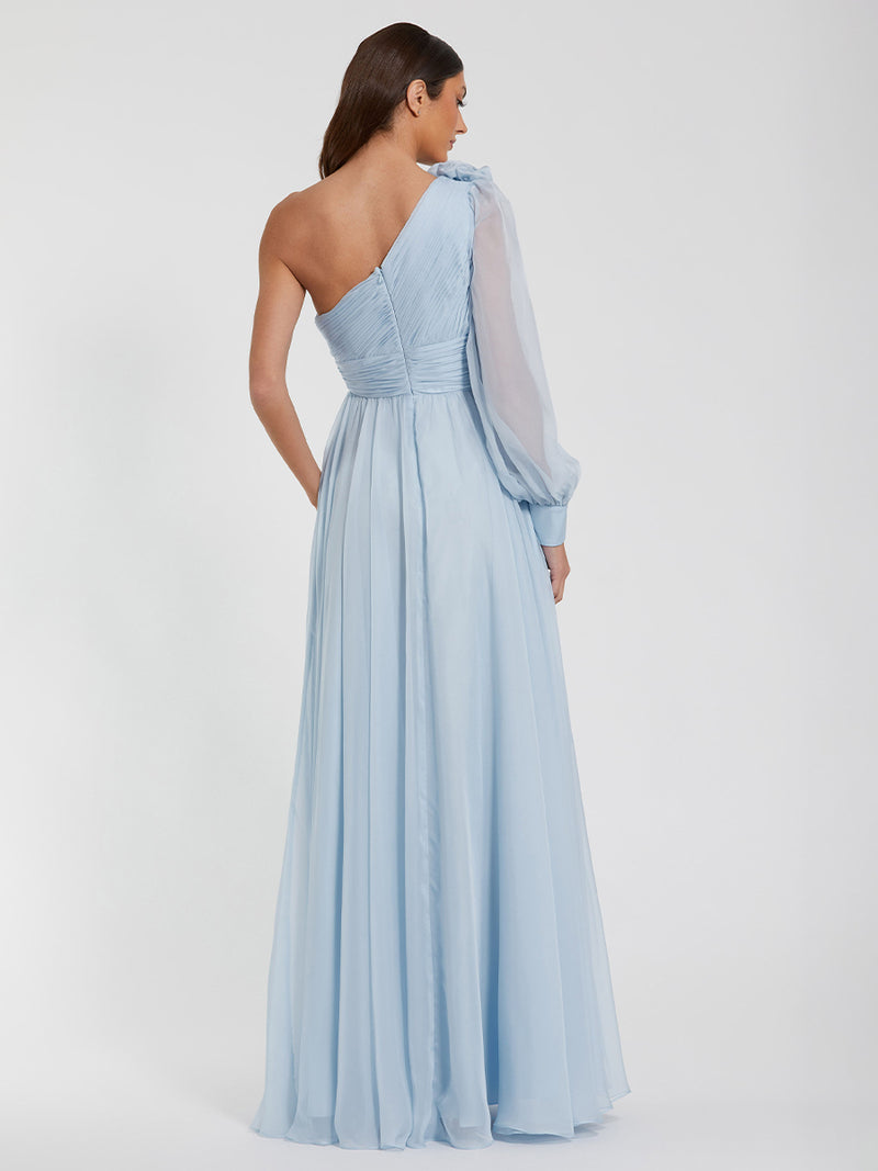 Blue One Sleeve A-Line Chiffon Gown With 3D Flowers