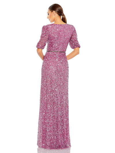 Puff Sleeve Sequin Wrap Gown