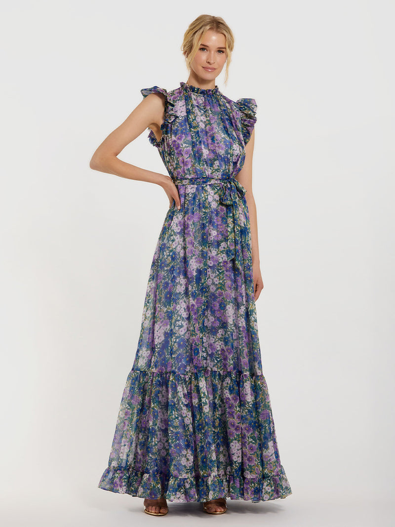 Purple Printed Chiffon Ruffle Sleeve Gown With Bow Belt