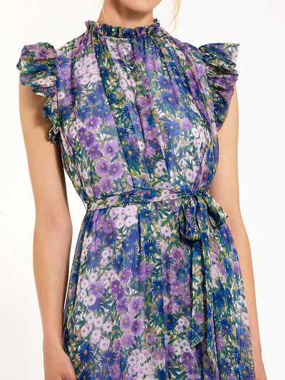 Purple Printed Chiffon Ruffle Sleeve Gown With Bow Belt