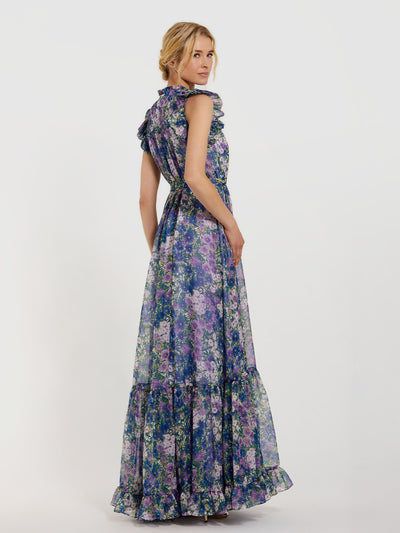 Purple Printed Chiffon Ruffle Sleeve Gown With Bow Belt