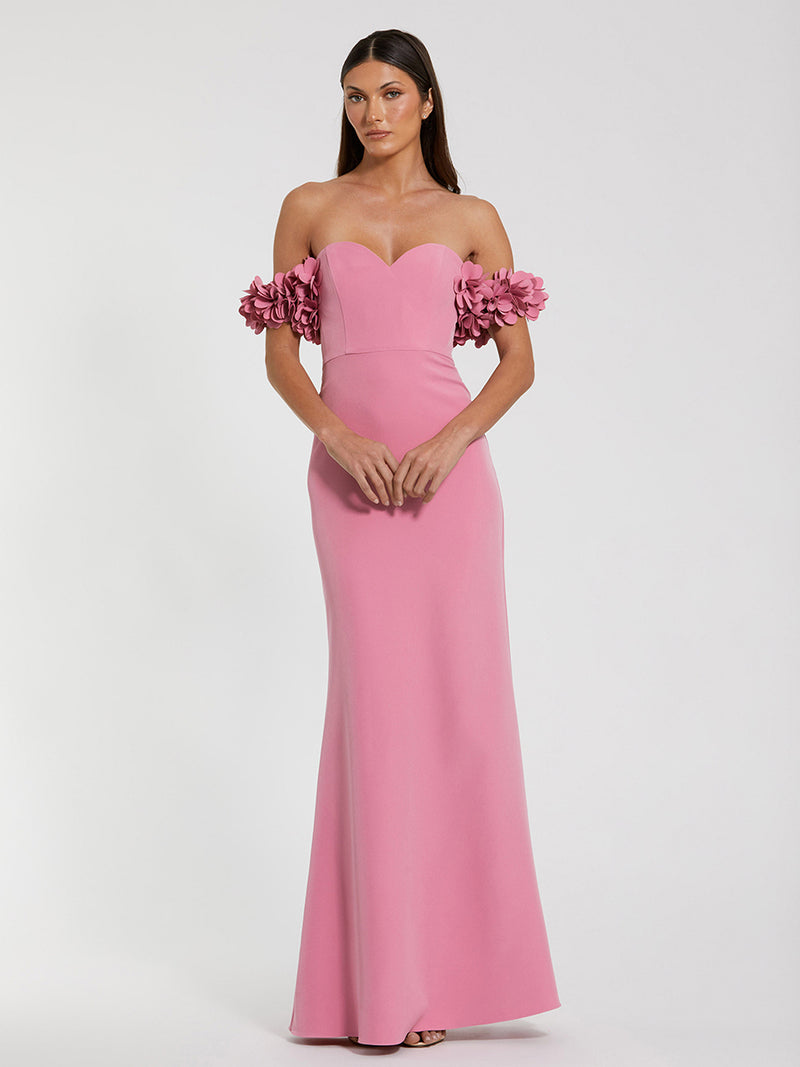 Pink Crepe Off The Shoulder Gown With 3D Flowers