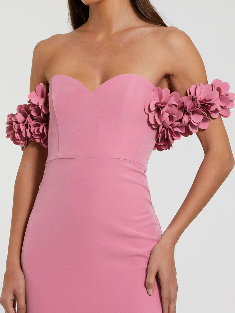 Pink Crepe Off The Shoulder Gown With 3D Flowers