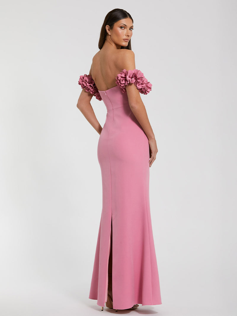 Pink Crepe Off The Shoulder Gown With 3D Flowers