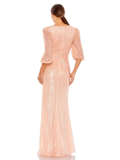 Sequined Faux Wrap Puff Sleeve Gown