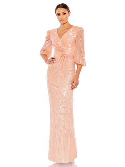 Sequined Faux Wrap Puff Sleeve Gown