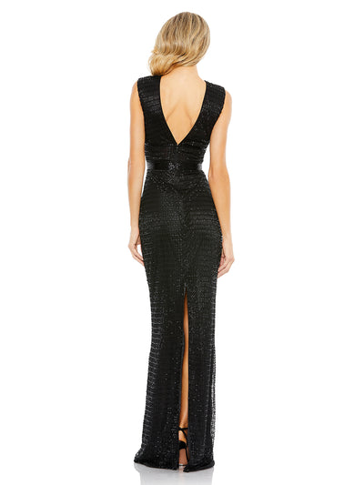 Beaded Cap Sleeve V Neck Column Gown