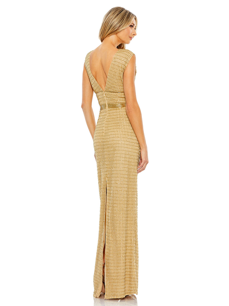 Beaded Cap Sleeve V Neck Column Gown