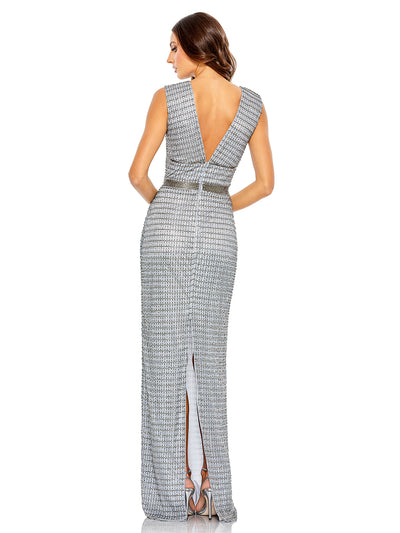 Beaded Cap Sleeve V Neck Column Gown