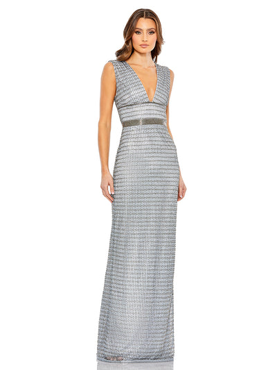 Beaded Cap Sleeve V Neck Column Gown