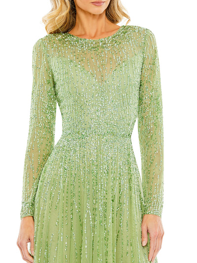 Sequined Illusion High Neck Long Sleeve Gown