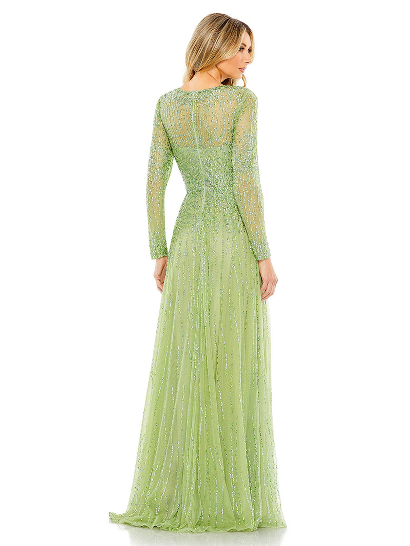 Sequined Illusion High Neck Long Sleeve Gown