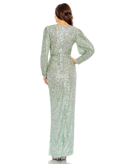 Embellished Faux Wrap Puff Sleeve Gown