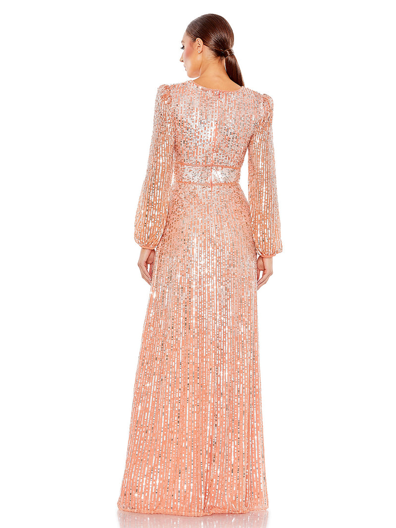 V Neck Empire Waist Puff Shoulder Sequin Embellished Gown