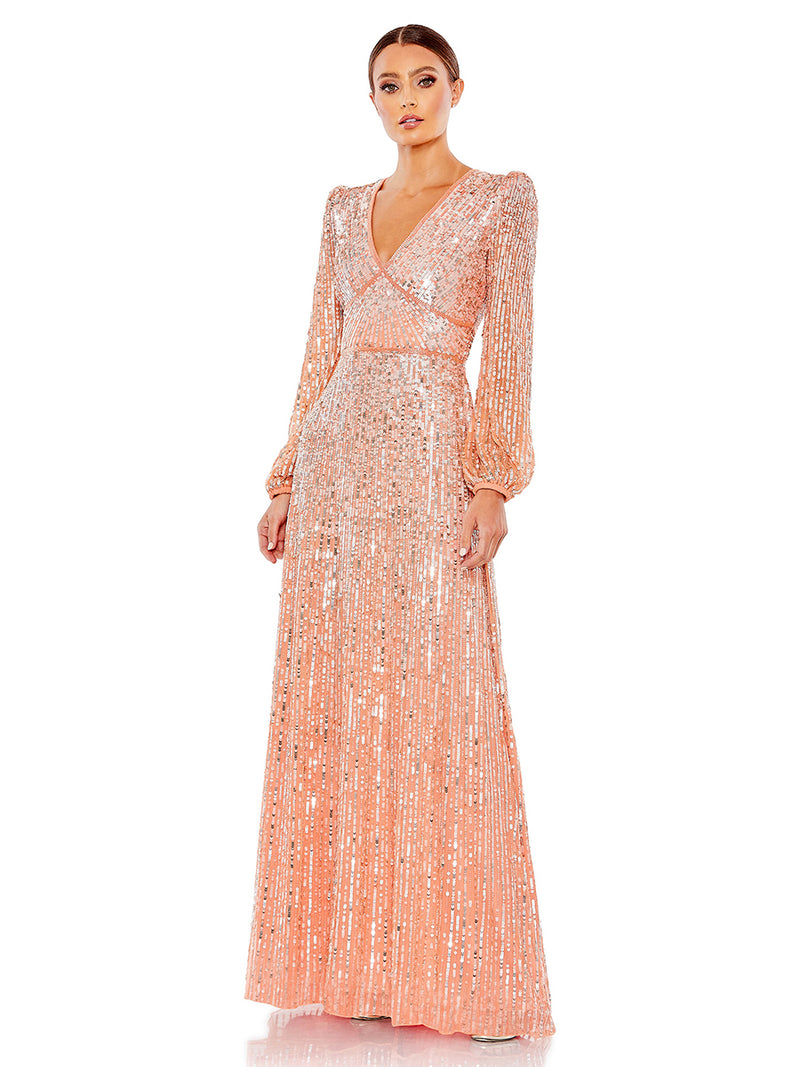 V Neck Empire Waist Puff Shoulder Sequin Embellished Gown