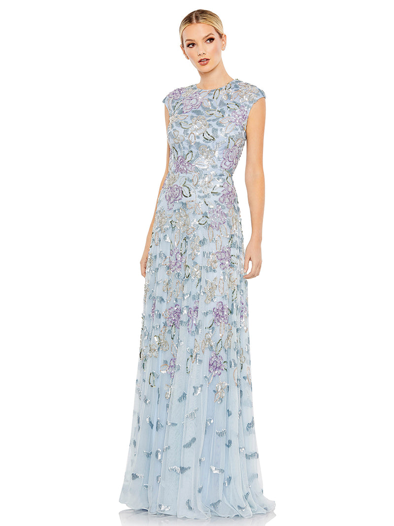 Sequined High Neck Cap Sleeve A Line Gown