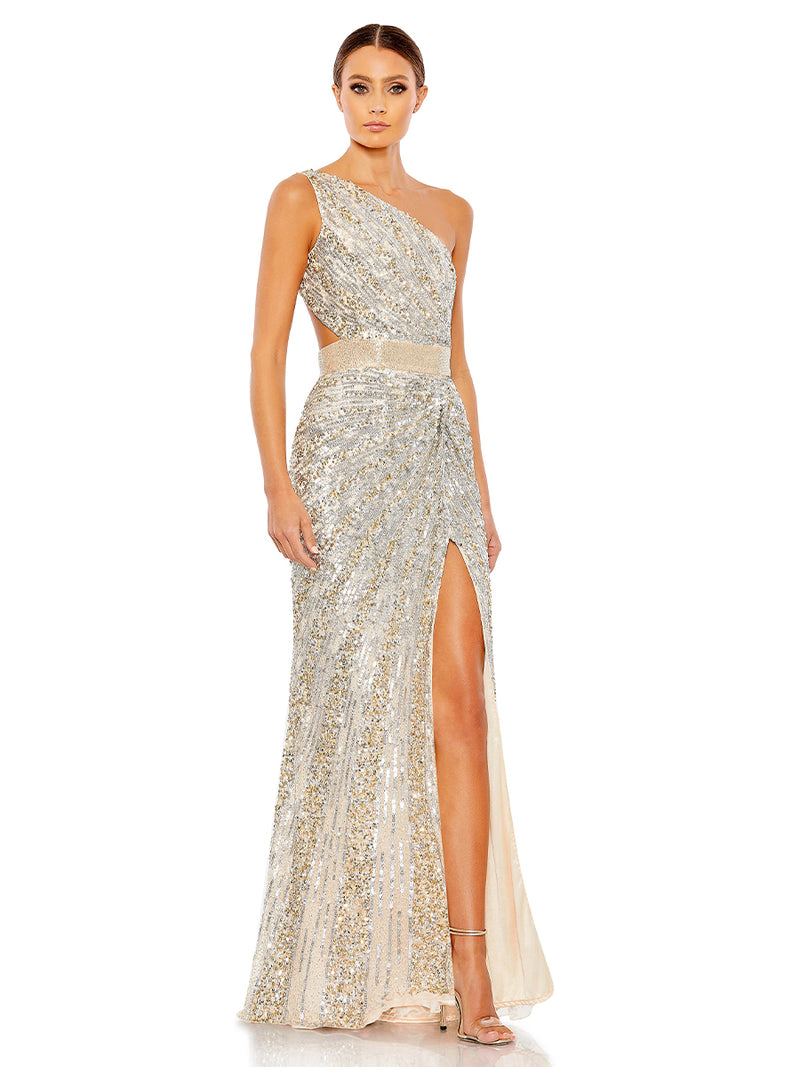 Sequined One Shoulder Draped Lace Up Gown