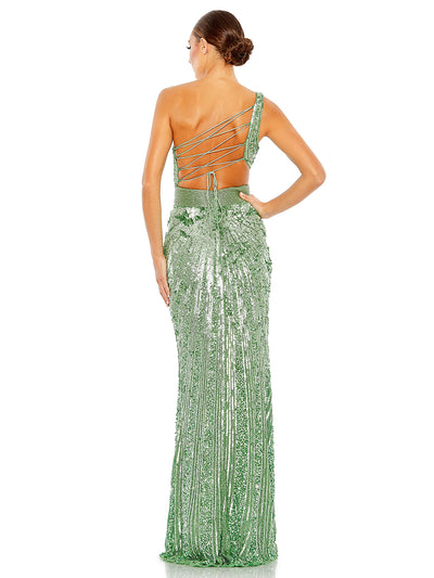 Sequined One Shoulder Draped Lace Up Gown