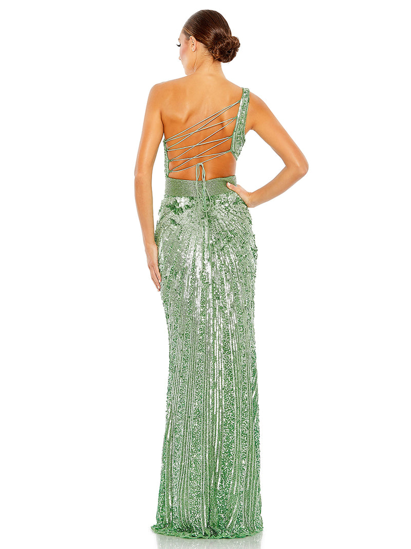 Sequined One Shoulder Draped Lace Up Gown