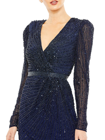 Sequined Wrap Over Long Sleeve Gown