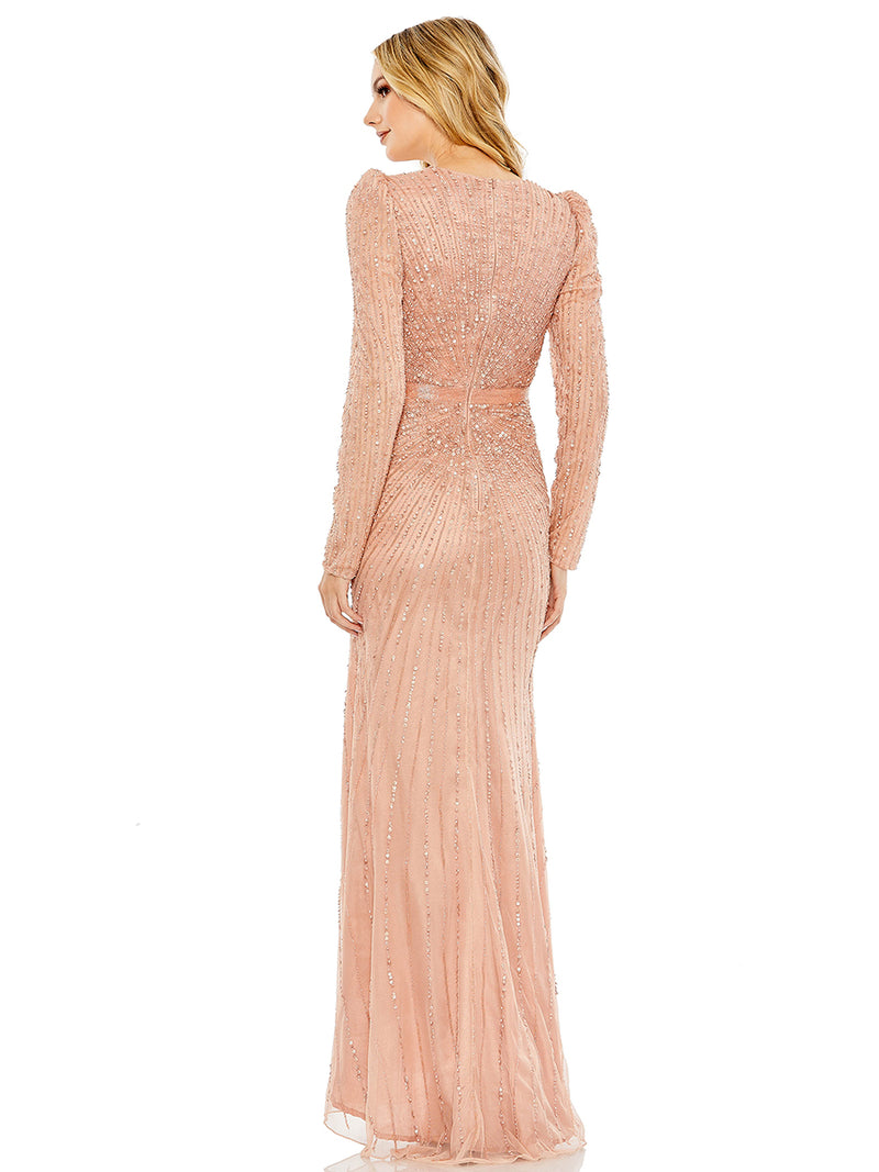 Sequined Wrap Over Long Sleeve Gown