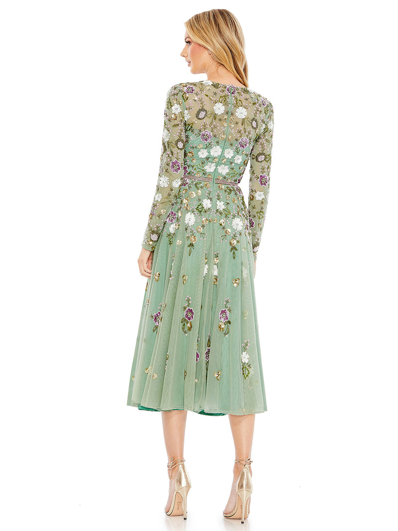 Sequined Floral Long Sleeve High Neck Midi Dress