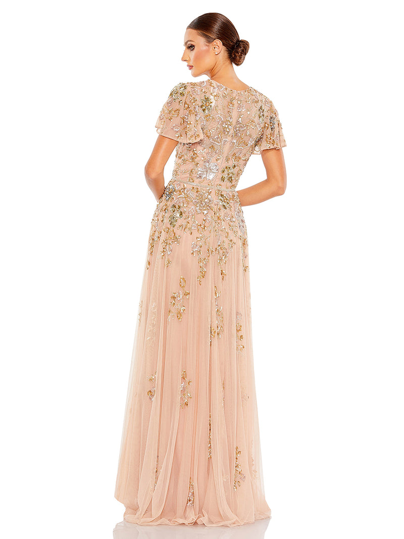 Embellished Butterfly Sleeve High Neck Gown