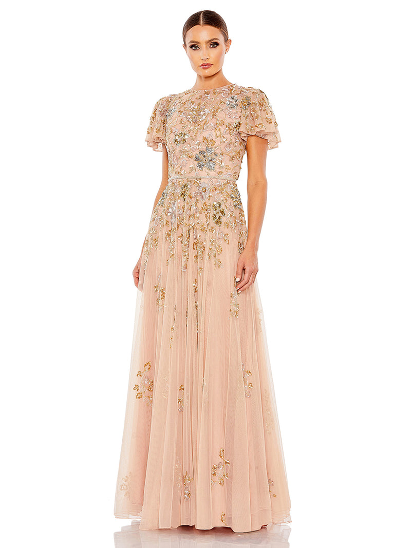 Embellished Butterfly Sleeve High Neck Gown