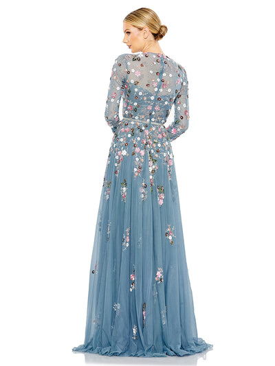 Sequined Floral Long Sleeve High Neck Gown