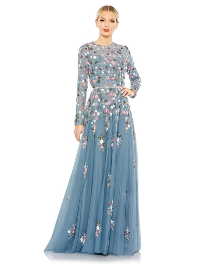 Sequined Floral Long Sleeve High Neck Gown