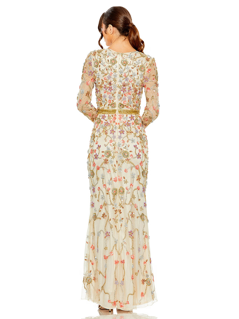 Long Sleeve Floral Embellished Gown