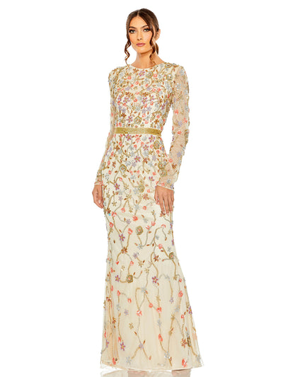 Long Sleeve Floral Embellished Gown