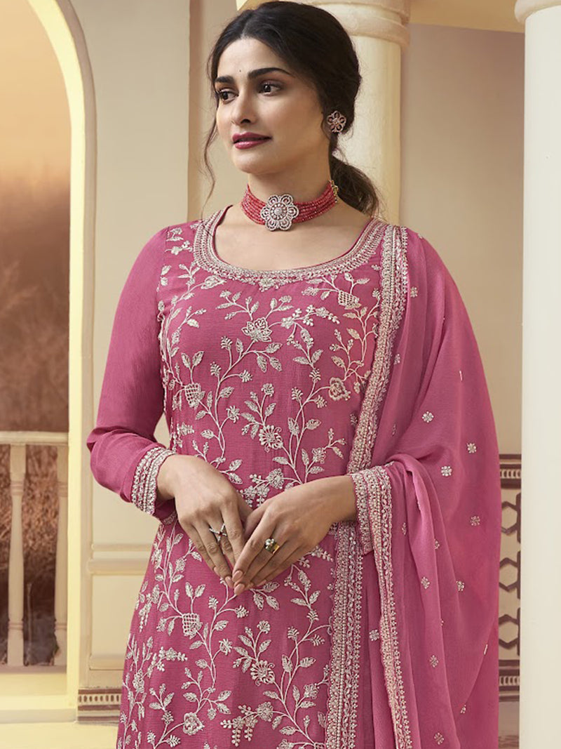 Cherry Pink Designer Embroidered Chinon Palazzo Style Suit