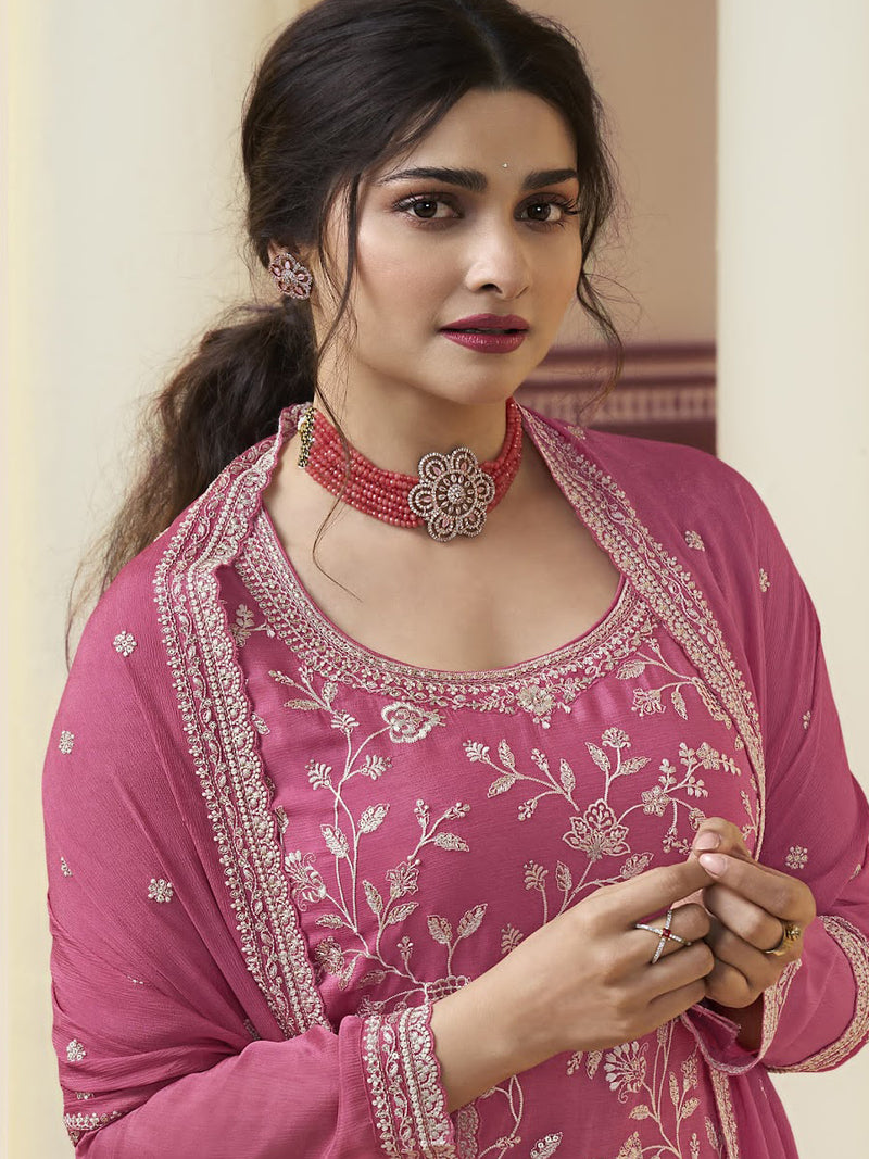 Cherry Pink Designer Embroidered Chinon Palazzo Style Suit