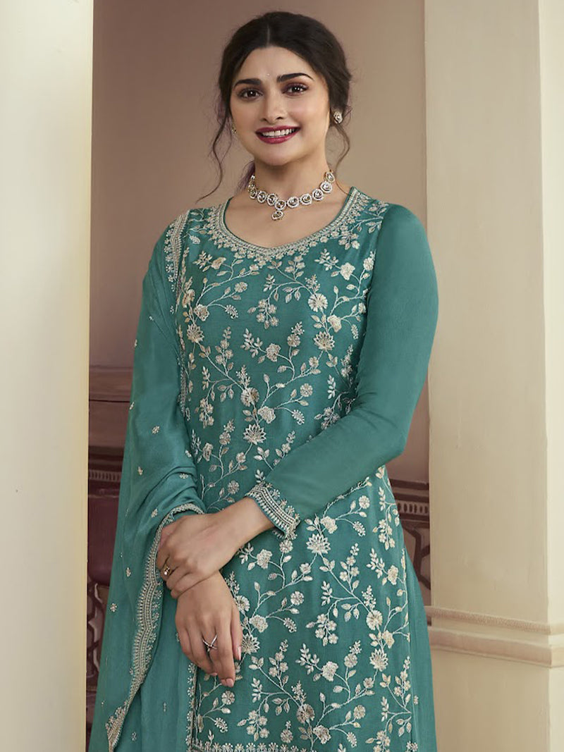 Teal Blue Designer Embroidered Chinon Palazzo Style Suit
