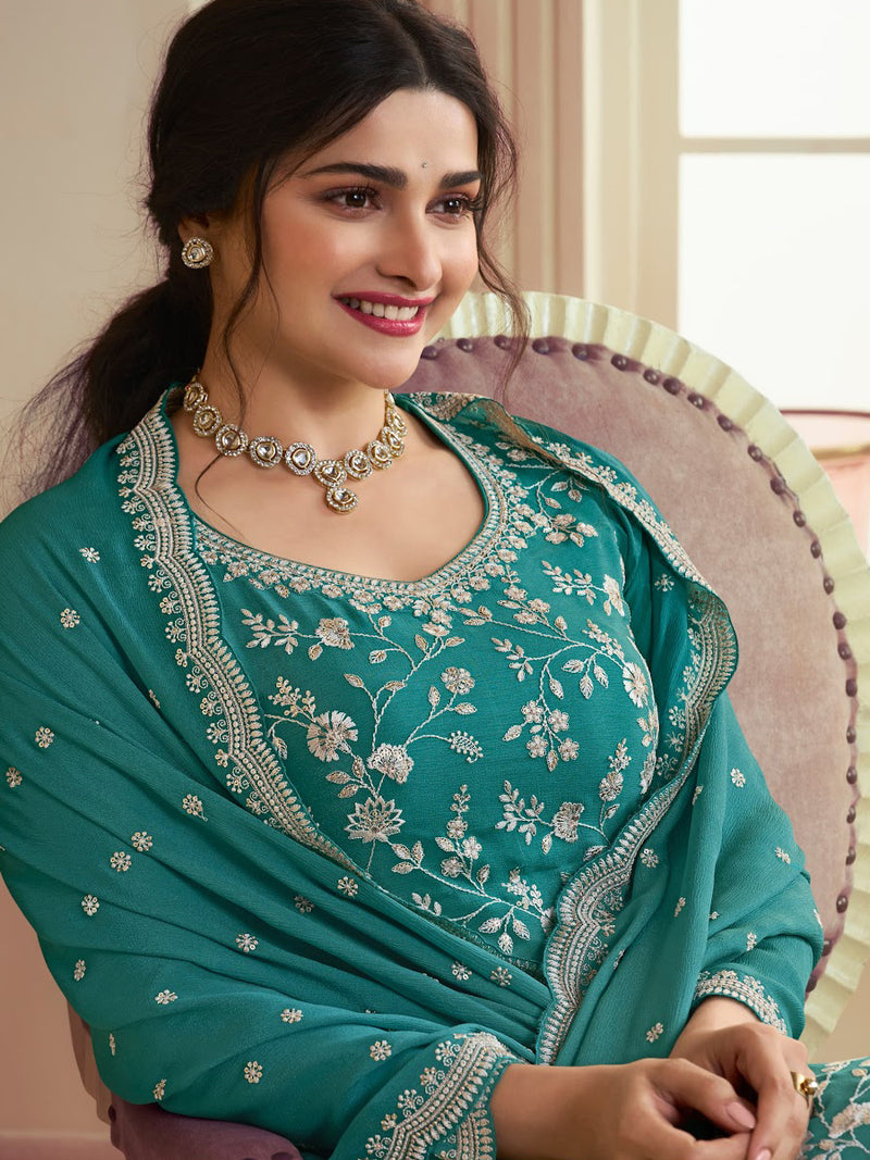 Teal Blue Designer Embroidered Chinon Palazzo Style Suit