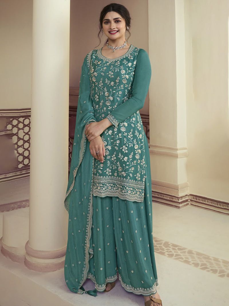 Teal Blue Designer Embroidered Chinon Palazzo Style Suit