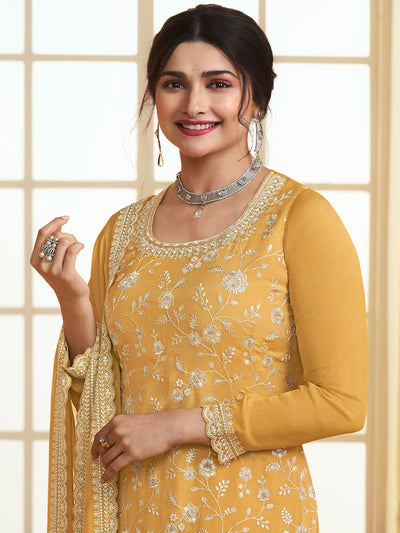 Amber Yellow Designer Embroidered Chinon Palazzo Style Suit