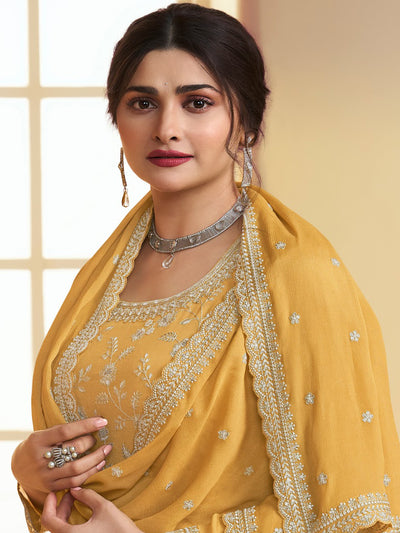 Amber Yellow Designer Embroidered Chinon Palazzo Style Suit