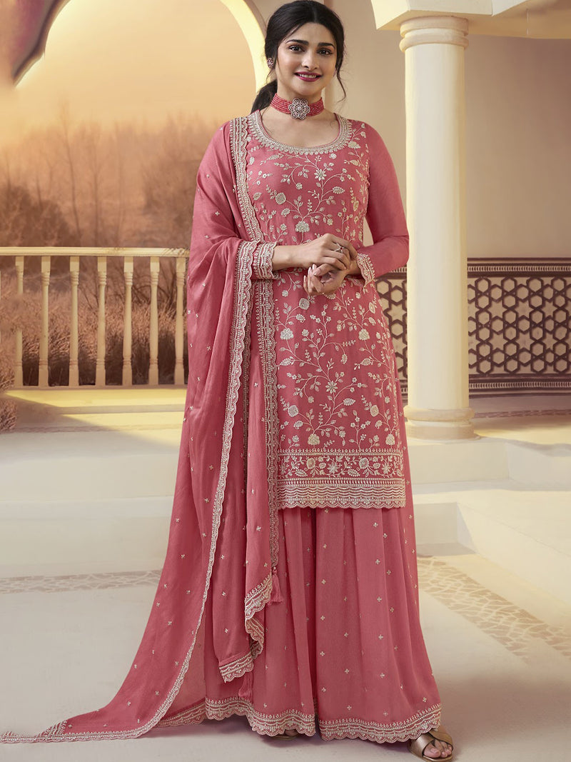 Coral Pink Designer Embroidered Chinon Palazzo Style Suit
