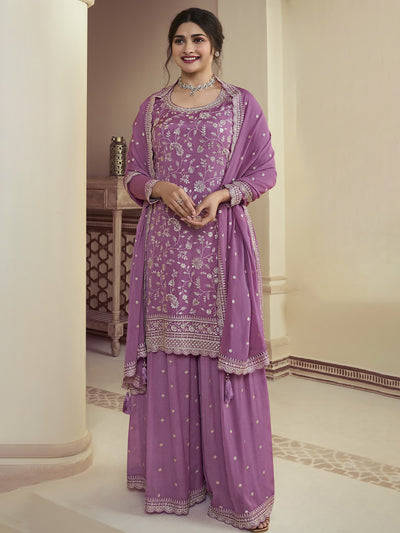 Thistle Purple Designer Embroidered Chinon Palazzo Style Suit
