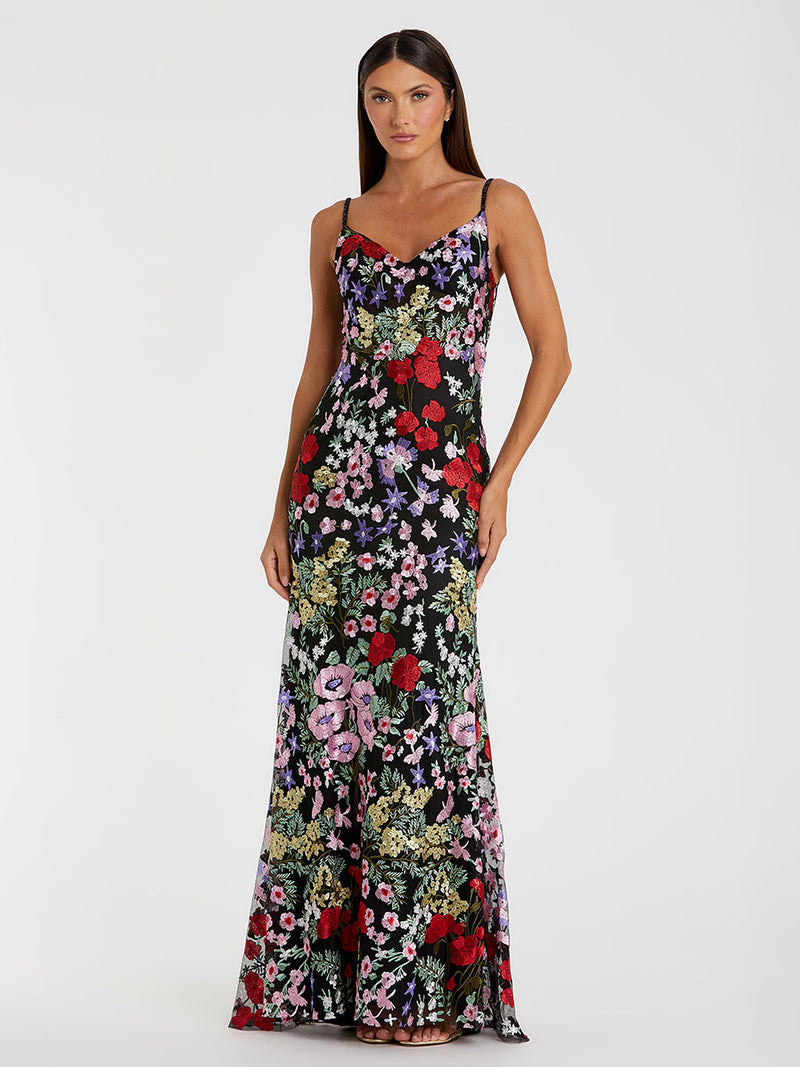 Black Embroidered Floral Trumpet Gown