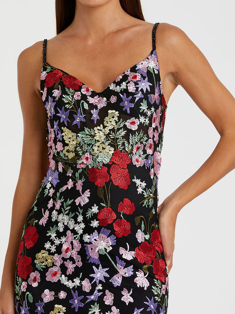 Black Embroidered Floral Trumpet Gown