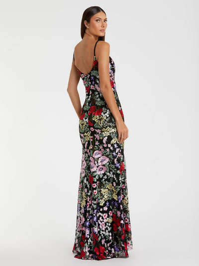 Black Embroidered Floral Trumpet Gown
