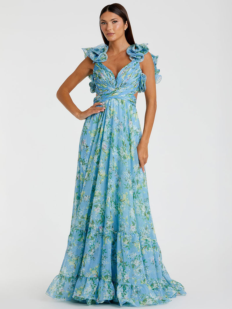 Ruffle Tiered Floral Cut-Out Chiffon Gown