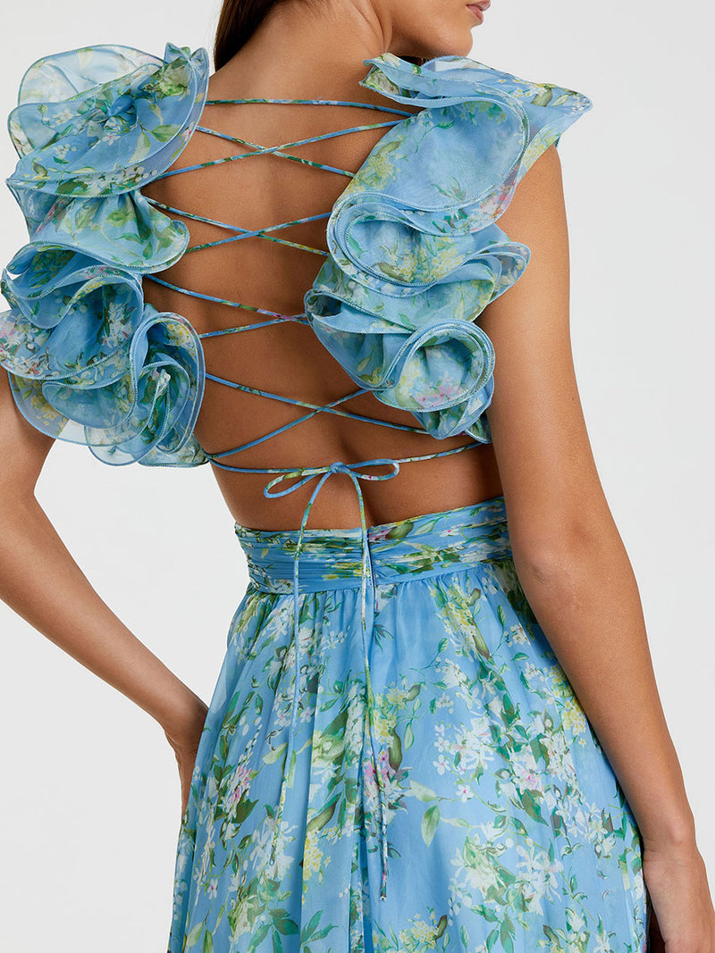 Ruffle Tiered Floral Cut-Out Chiffon Gown